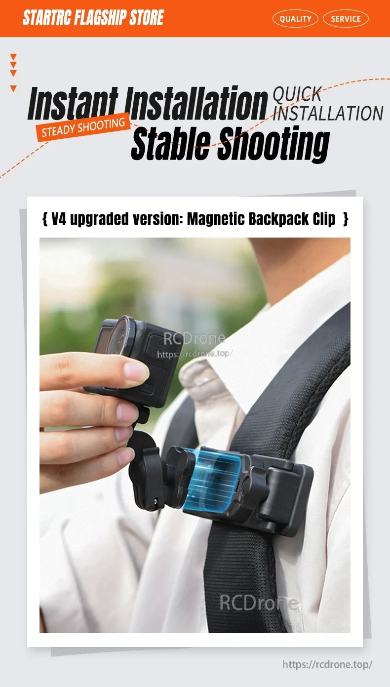 Magnetic backpack clip enables quick installation and stable shooting.