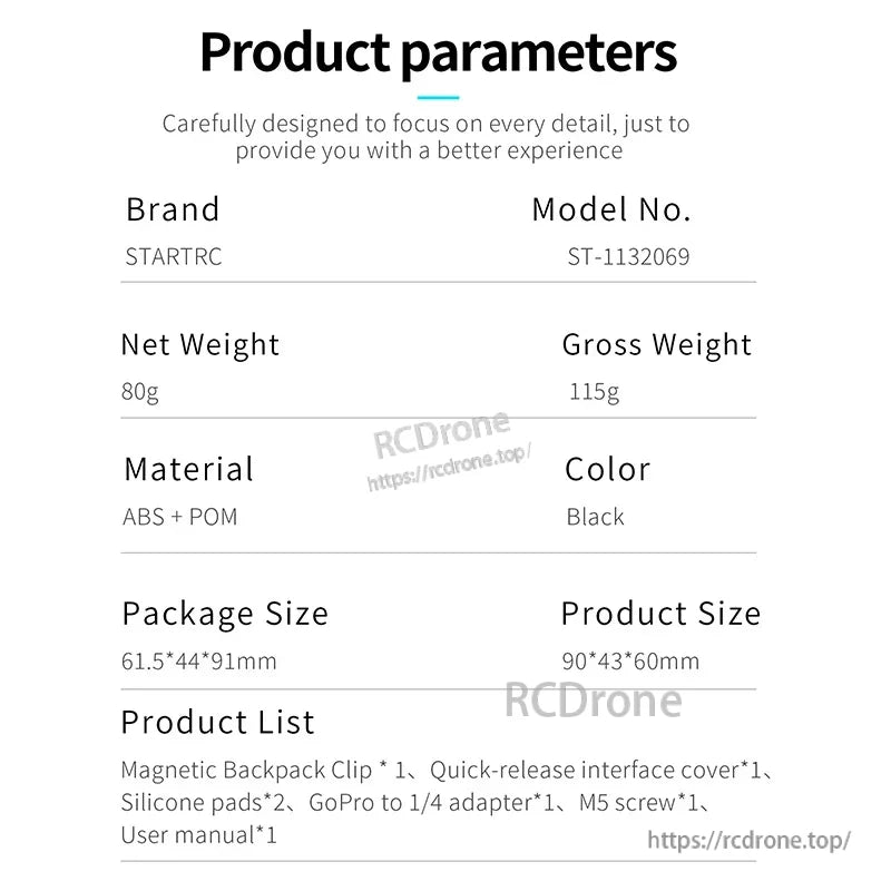 STARTRC ST-1132069 magnetic backpack clip, 80g, ABS+POM, black, 90×43×60mm. Includes clip, cover, pads, GoPro adapter, screw, manual.