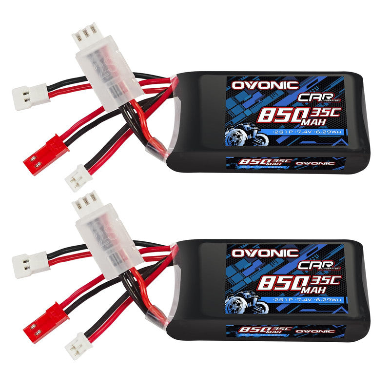 Ovonic 2-Pack 2S 850mAh 7.4V 35C LiPo battery set with multi-plug leads and balance connectors