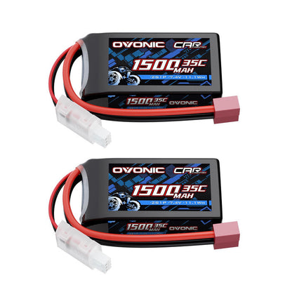 Ovonic 2-pack 2S 1500mAh 7.4V 35C shorty LiPo batteries with Deans T-plug and balance lead