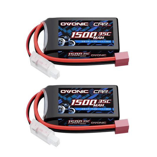 Ovonic 2-pack 2S 1500mAh 7.4V 35C shorty LiPo batteries with Deans T-plug and balance lead