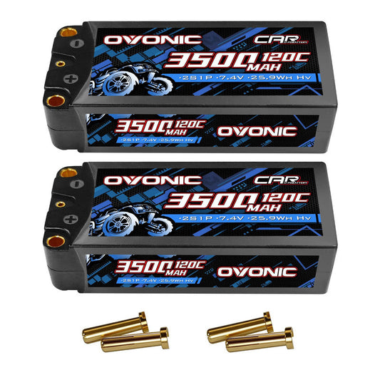Ovonic 2S 3500mAh 7.4V 120C HardCase LiPo Battery 2-pack with gold bullet connectors
