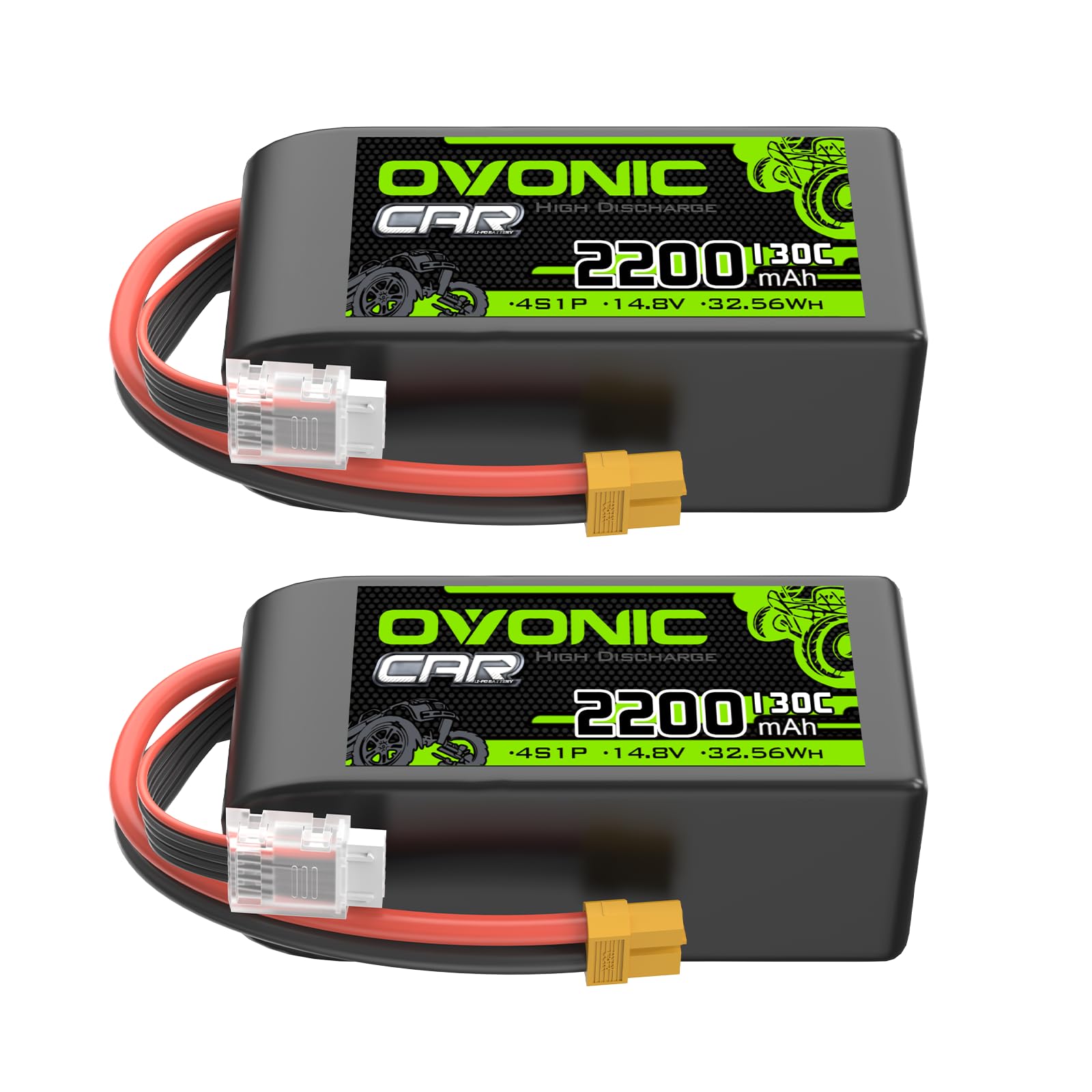 Ovonic 2-pack 4S 2200mAh 14.8V 130C short LiPo batteries with XT60 plug and balance lead