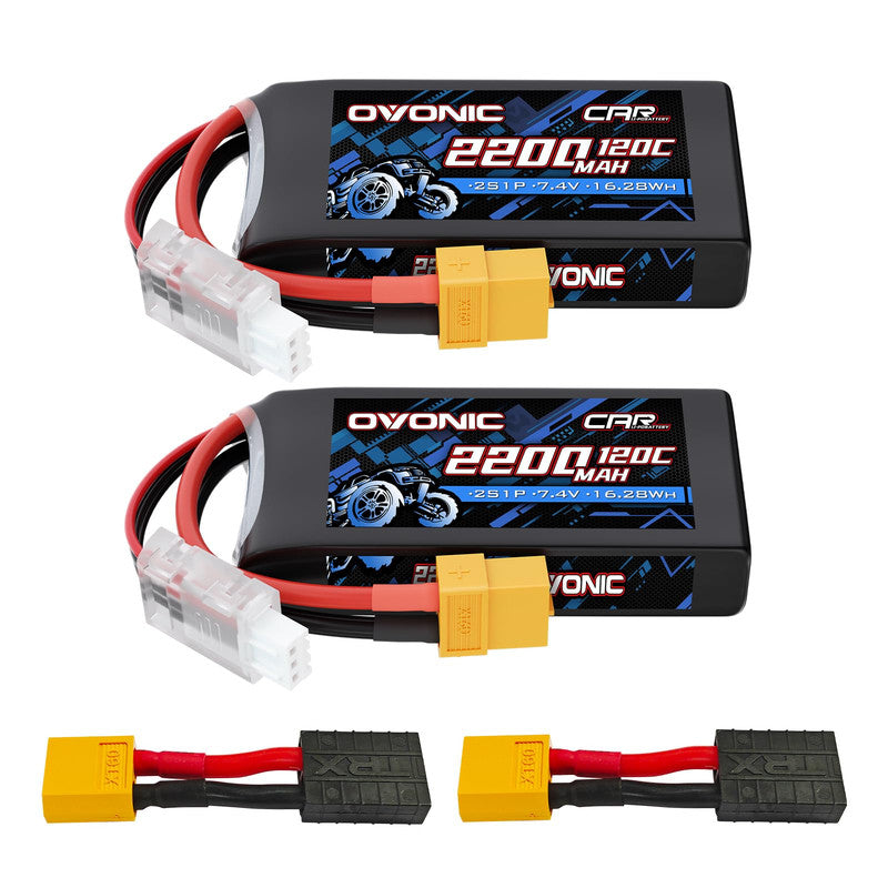 Ovonic 2S 2200mAh 7.4V 120C LiPo battery 2-pack with XT60 plug, JST balance lead, and adapter leads