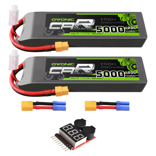 2PCS OVONIC 11.1V 5000mAh 3S 120C LiPo Battery set with XT60 connectors, adapters and voltage buzzer