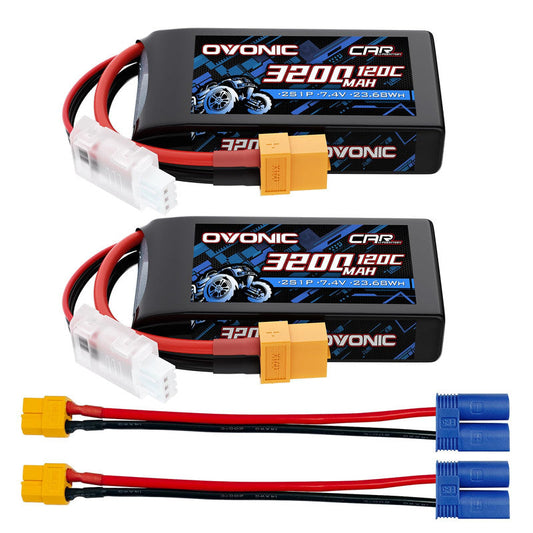 2-Pack Ovonic 2S 3200mAh 7.4V 120C LiPo batteries with XT60 plug, balance leads, and adapters