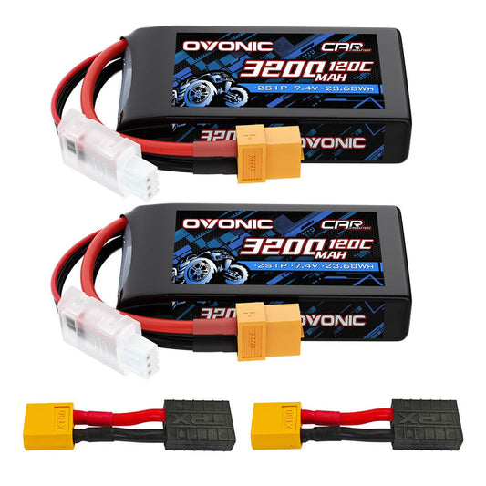 Ovonic 2S 3200mAh 7.4V 120C LiPo battery 2-pack with XT60 plug, balance lead and adapters