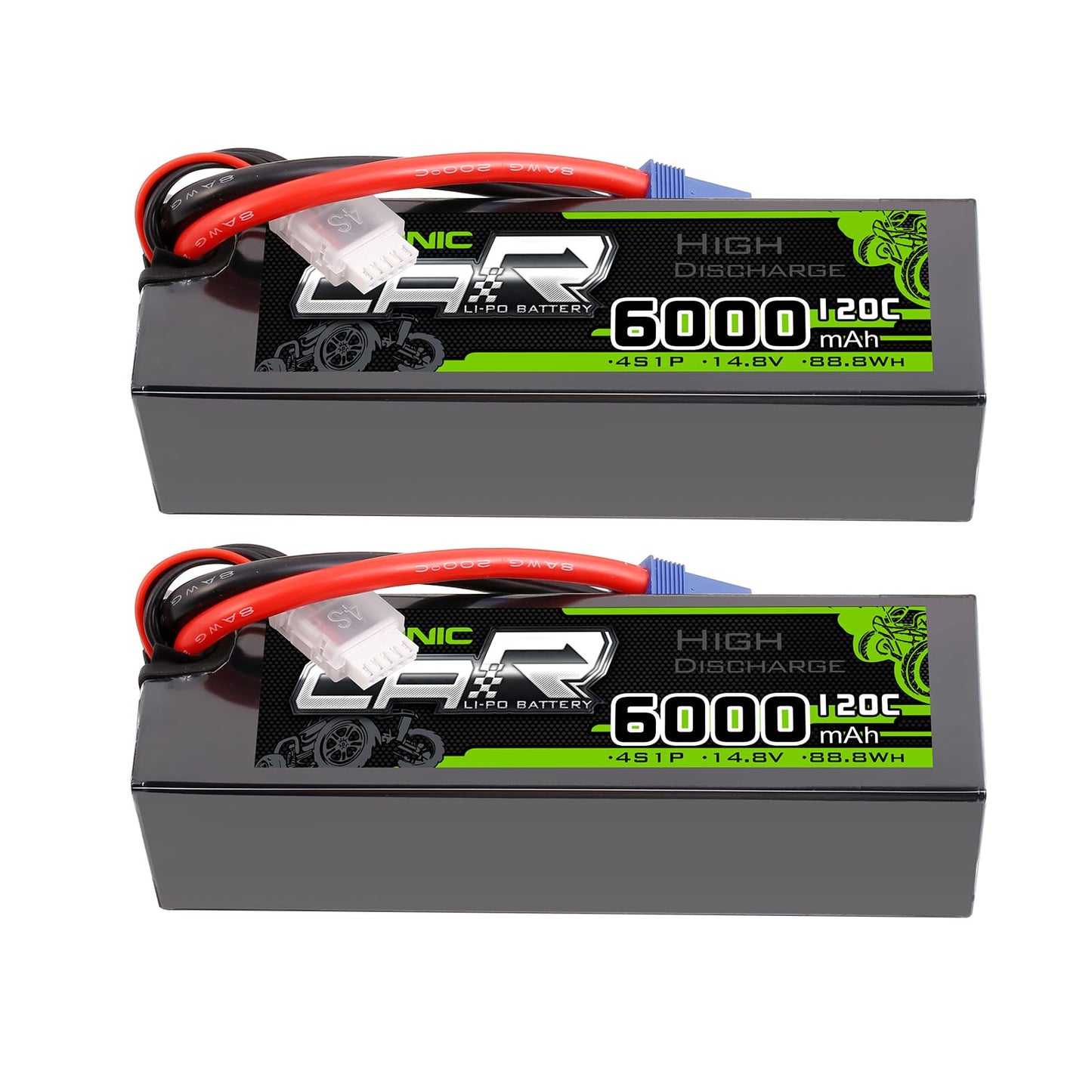2-Pack OVONIC 14.8V 6000mAh 120C 4S Hardcase LiPo Battery Pack with EC5 Plug for 1/8 1/10 RC Car Truck Buggy