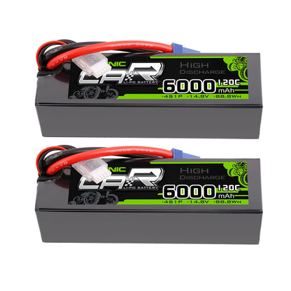 2-Pack OVONIC 14.8V 6000mAh 120C 4S Hardcase LiPo Battery Pack with EC5 Plug for 1/8 1/10 RC Car Truck Buggy