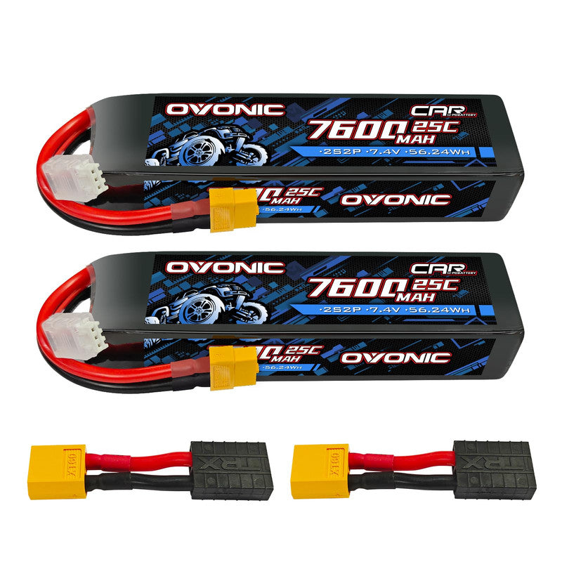 Ovonic 2S 7600mAh 7.4V 25C LiPo Battery 2-pack with XT60 plug and balance lead adapters