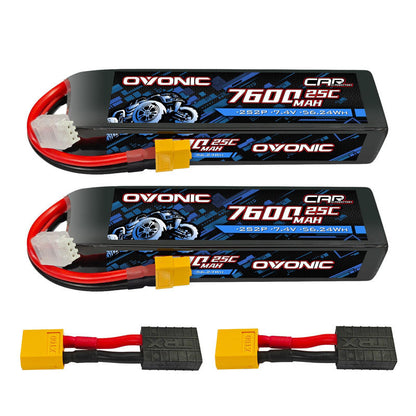 Ovonic 2S 7600mAh 7.4V 25C LiPo Battery 2-pack with XT60 plug and balance lead adapters
