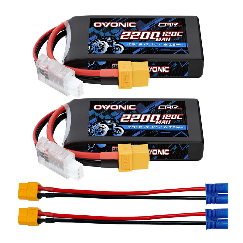 Ovonic 2S 2200mAh 7.4V 120C LiPo battery 2-pack with XT60 leads and adapter cables