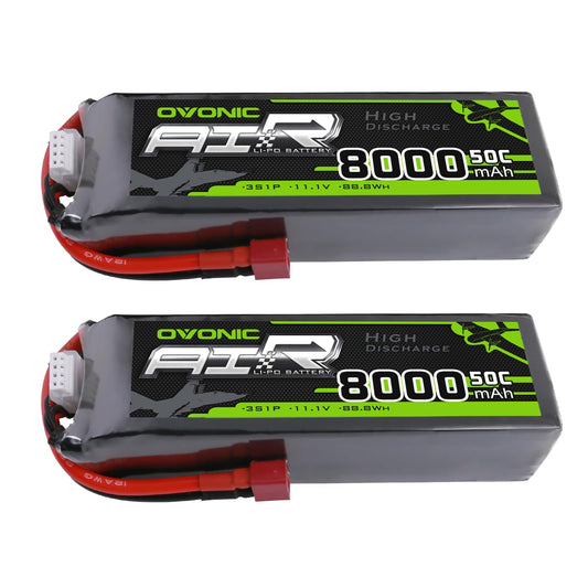 2-Pack Ovonic 3S 8000mAh 50C 11.1V LiPo batteries with Deans T plug and balance lead