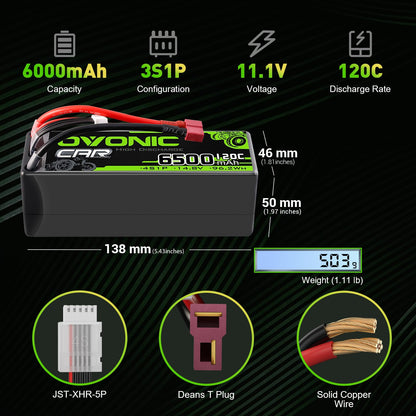 Battery dimensions and connector infographic showing JST-XHR-5P balance lead, Deans T plug, and wire