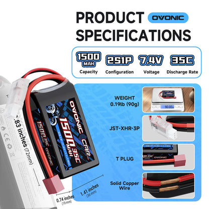 Ovonic 2S 1500mAh 7.4V 35C LiPo battery specifications graphic with size, weight, JST-XHR-3P and T-plug