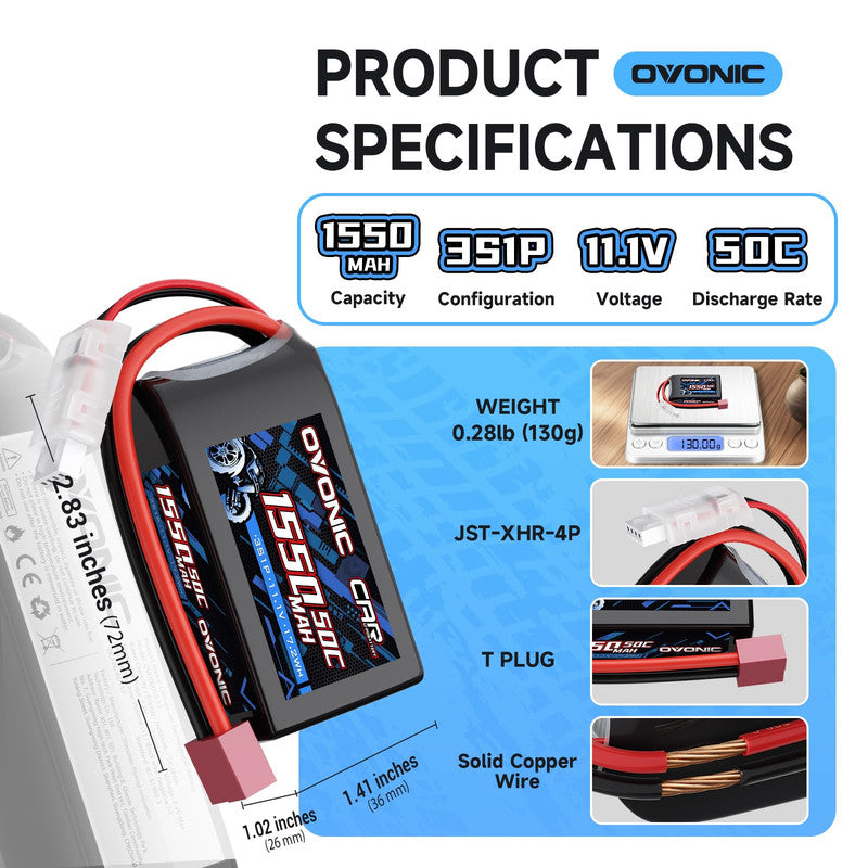 Product specifications graphic: 1550mAh 3S1P 11.1V 50C, weight 130g, JST-XHR-4P and T plug