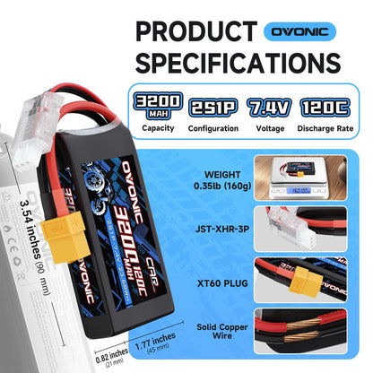 Ovonic 2S 3200mAh 7.4V 120C LiPo battery specifications with dimensions, weight, XT60 plug and JST-XHR-3P lead