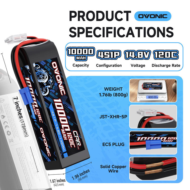 Ovonic 4S 10000mAh 14.8V 120C LiPo battery product specifications infographic with dimensions, weight and plugs