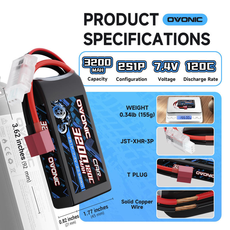 Ovonic 2S 3200mAh 7.4V 120C LiPo battery specifications with size, weight, JST-XHR-3P and T plug
