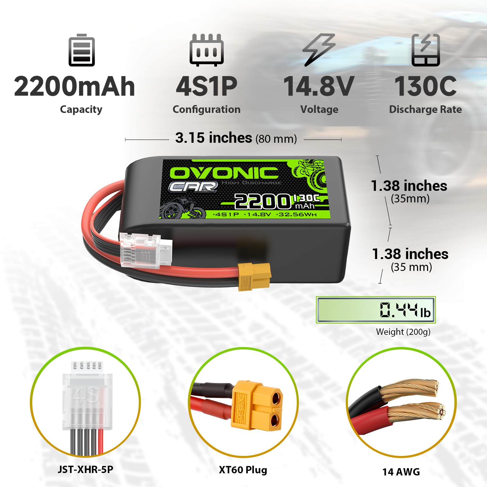 Ovonic 4S 2200mAh 14.8V 130C LiPo battery size chart with XT60 plug, JST-XHR-5P balance lead, 14AWG wire