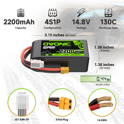 Ovonic 4S 2200mAh 14.8V 130C LiPo battery size chart with XT60 plug, JST-XHR-5P balance lead, 14AWG wire