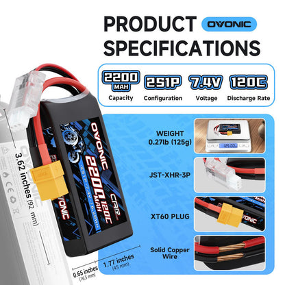 Ovonic 2S 2200mAh 7.4V 120C LiPo battery product specifications with dimensions, weight, and XT60/JST-XHR-3P