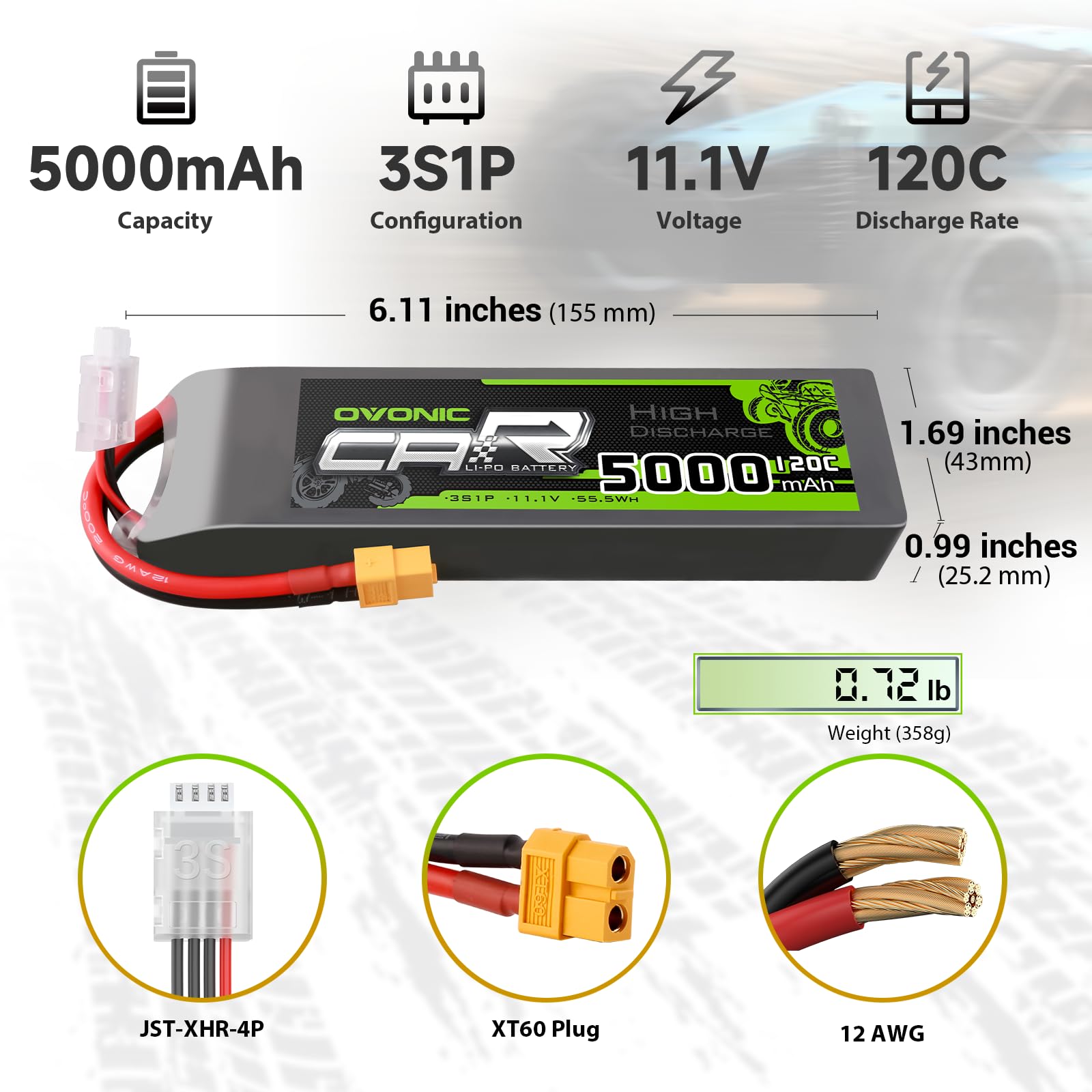 OVONIC 3S1P 11.1V 5000mAh 120C LiPo battery size and specs chart with XT60 plug and JST-XHR-4P lead