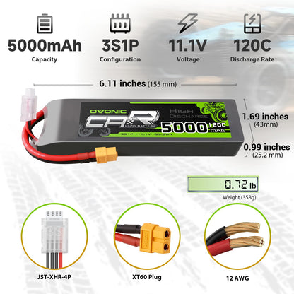 OVONIC 3S1P 11.1V 5000mAh 120C LiPo battery size and specs chart with XT60 plug and JST-XHR-4P lead