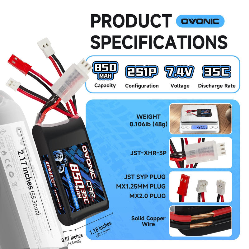 Ovonic 2S 850mAh 7.4V 35C LiPo battery specifications infographic with dimensions, weight, and plug types