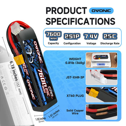 Ovonic battery product specifications graphic: 7600mAh 2S1P 7.4V 25C, XT60 plug, JST-XHR-3P, size and weight