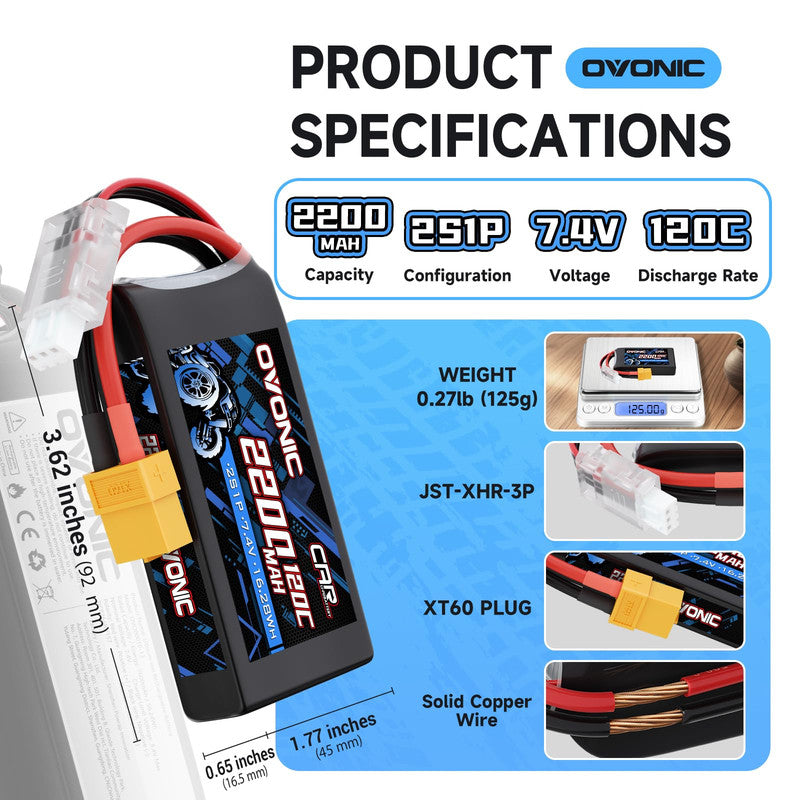 Ovonic 2S 2200mAh 7.4V 120C LiPo battery specifications graphic with size, weight, and plug types