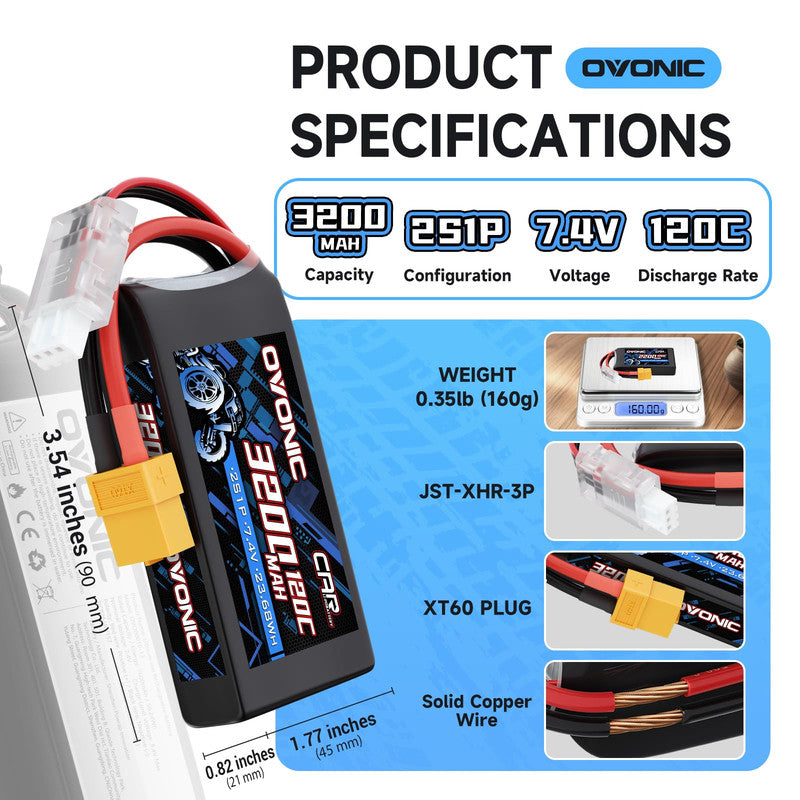 Ovonic 2S 3200mAh 7.4V 120C LiPo battery specifications with size, weight, XT60 plug and JST-XHR-3P lead