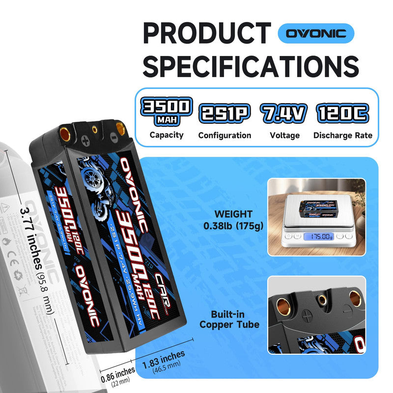 Ovonic 2S 3500mAh 7.4V 120C hardcase LiPo specs graphic with size, weight, and copper tube