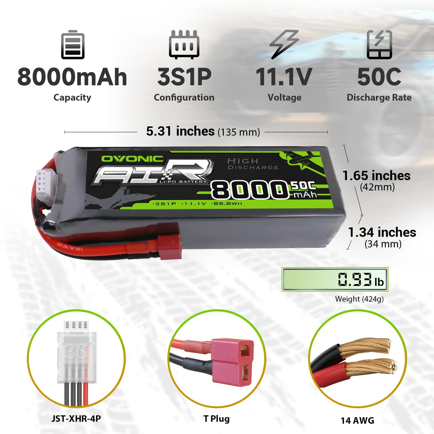 Ovonic 3S1P 8000mAh 11.1V 50C LiPo battery size chart with dimensions, weight and connector types