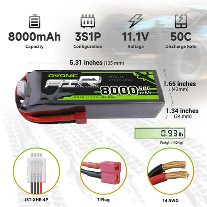 Ovonic 3S1P 8000mAh 11.1V 50C LiPo battery size chart with dimensions, weight and connector types
