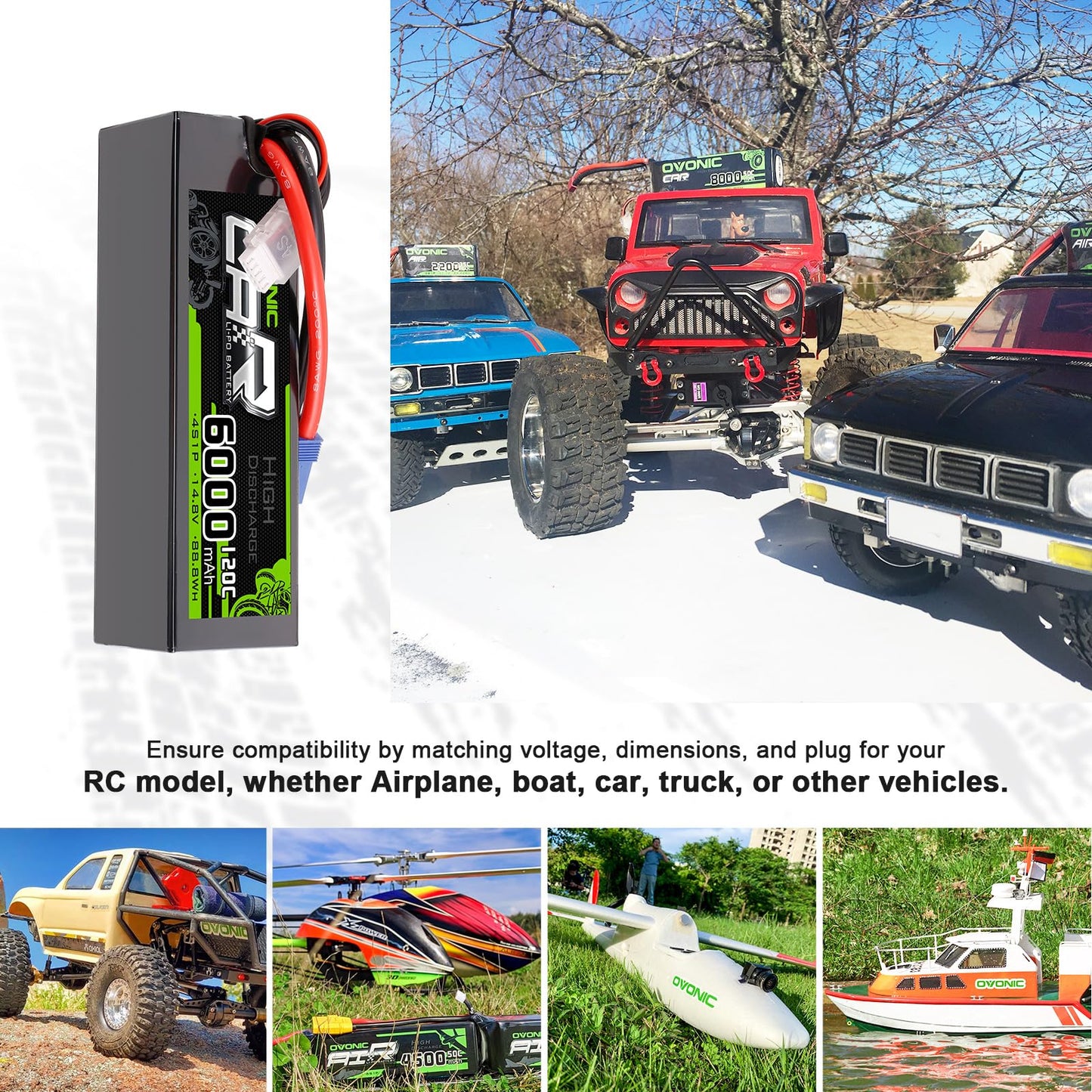 2-Pack OVONIC 14.8V 6000mAh 120C 4S Hardcase LiPo Battery Pack with EC5 Plug for 1/8 1/10 RC Car Truck Buggy