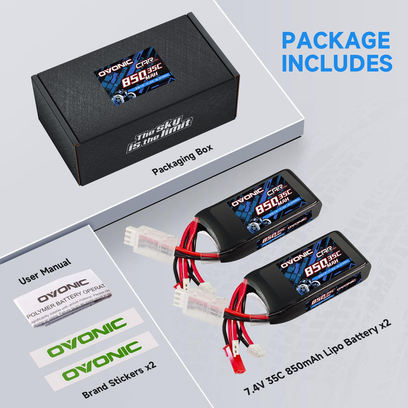 Package contents: Ovonic 2-pack 7.4V 850mAh 35C LiPo batteries, packaging box, user manual, stickers