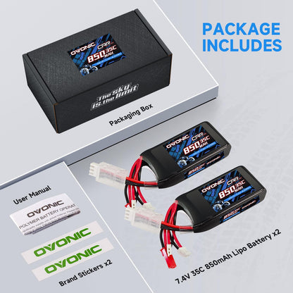Package contents: Ovonic 2-pack 7.4V 850mAh 35C LiPo batteries, packaging box, user manual, stickers