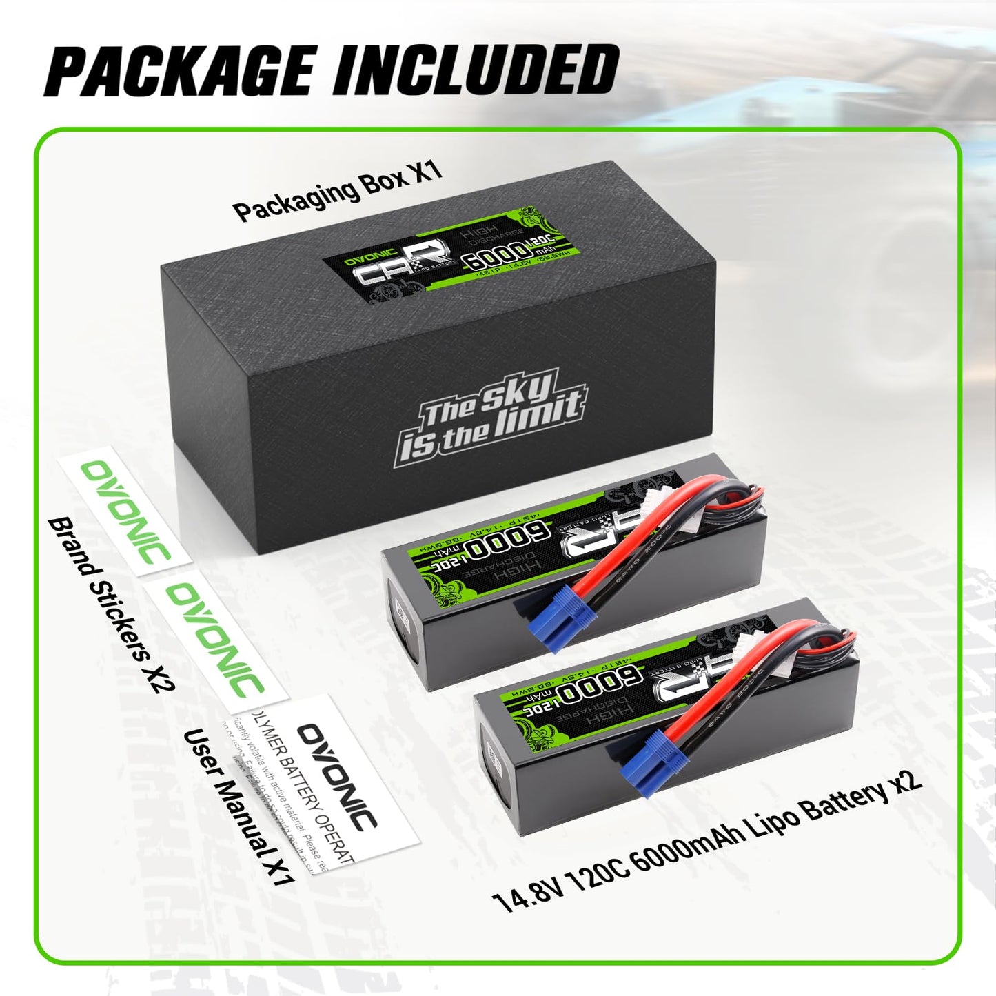 2-Pack OVONIC 14.8V 6000mAh 120C 4S Hardcase LiPo Battery Pack with EC5 Plug for 1/8 1/10 RC Car Truck Buggy