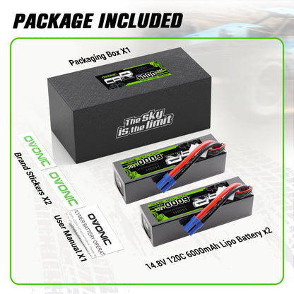 2-Pack OVONIC 14.8V 6000mAh 120C 4S Hardcase LiPo Battery Pack with EC5 Plug for 1/8 1/10 RC Car Truck Buggy