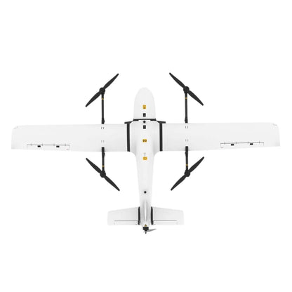 Top view of Makeflyeasy Pioneer VTOL fixed-wing drone with white wings and four lift rotors on booms