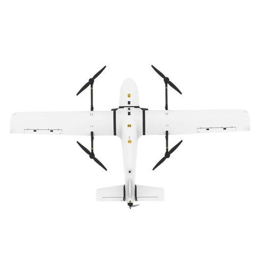 Top view of Makeflyeasy Pioneer VTOL fixed-wing drone with white wings and four lift rotors on booms