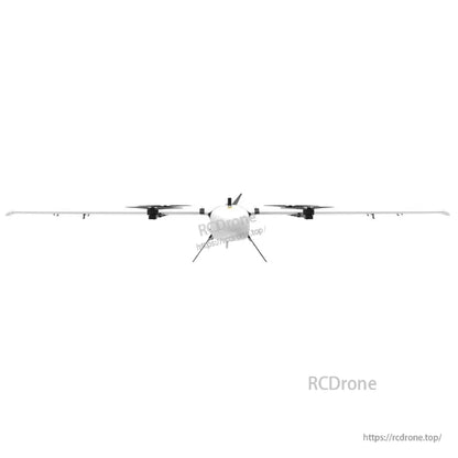 Front view of Makeflyeasy Pioneer VTOL fixed-wing drone with long wings and lift rotors on the wings
