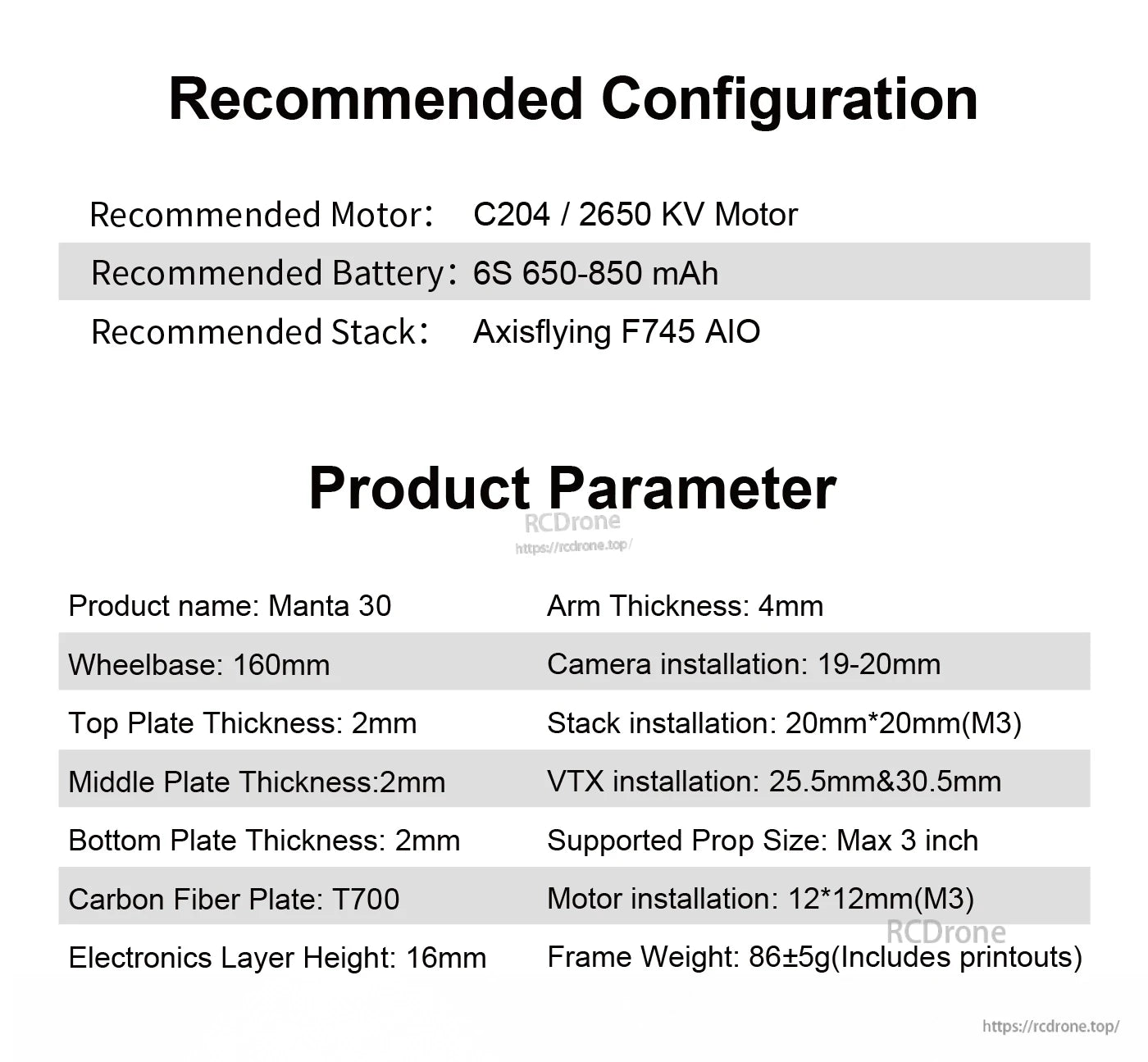 The Manta 30 drone frame features a 160mm wheelbase, 4mm T700 carbon arms, supports 3-inch props, 6S battery, C204 motors, F745 AIO stack, weighs 86±5g, and includes printouts.