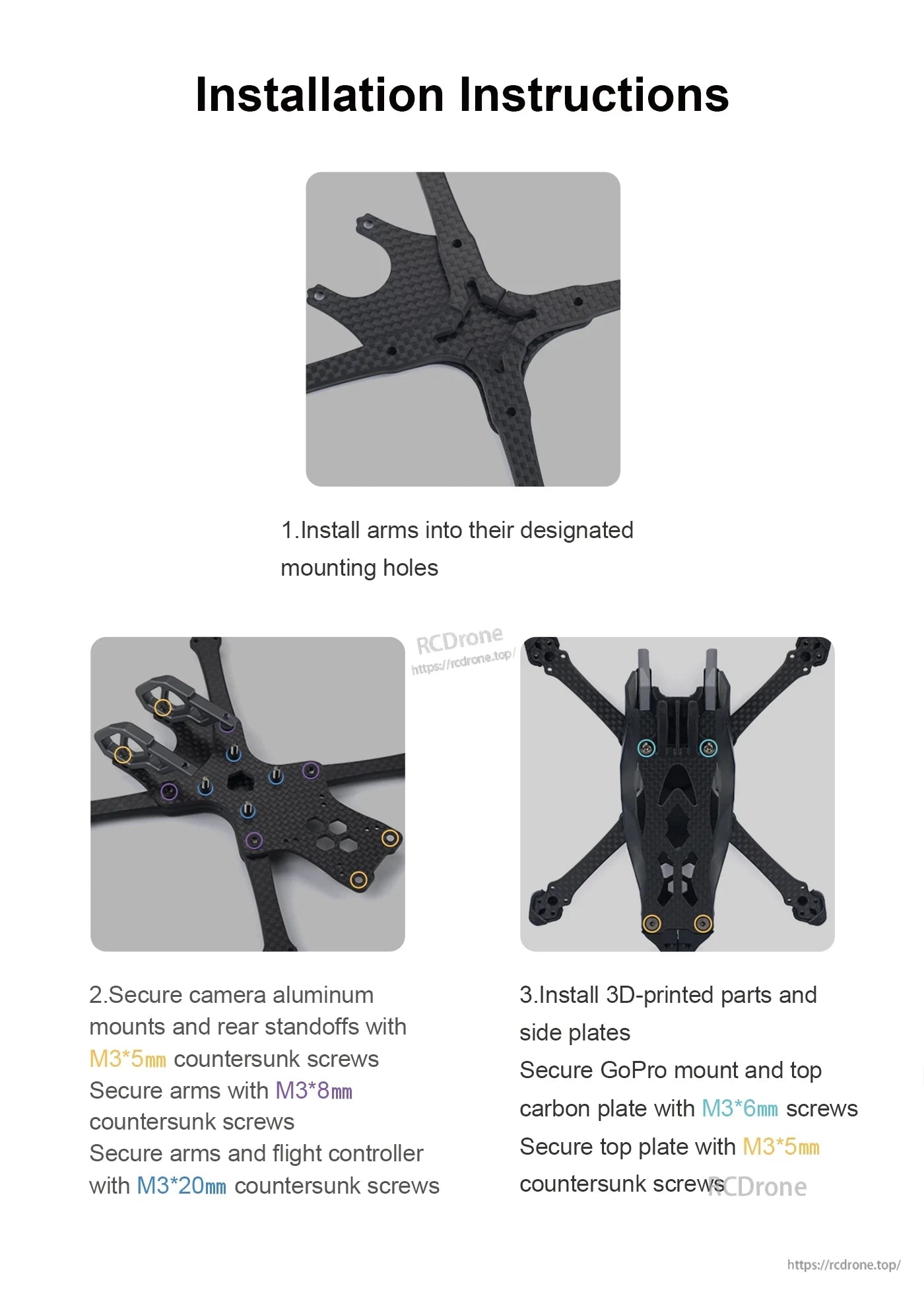Manta 30 Drone Frame, Attach arms, mounts, and plates using specified M3 screws; secure camera, GoPro, flight controller, and carbon top plate with correct screw lengths as detailed.