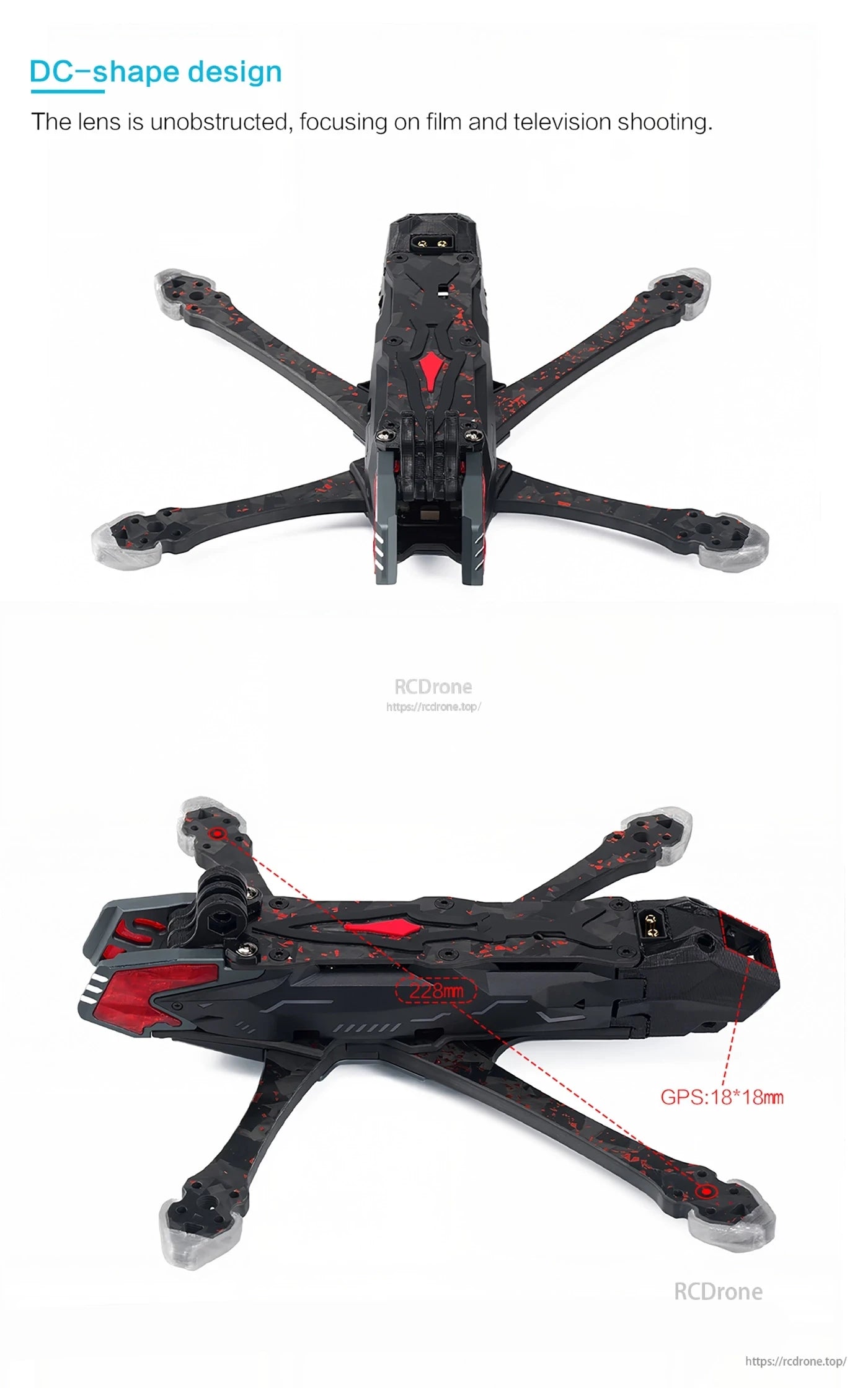 Manta 5 Pro Drone Frame, DC-shaped drone with unobstructed lens, GPS measuring 18x18mm, and 228mm diagonal size.