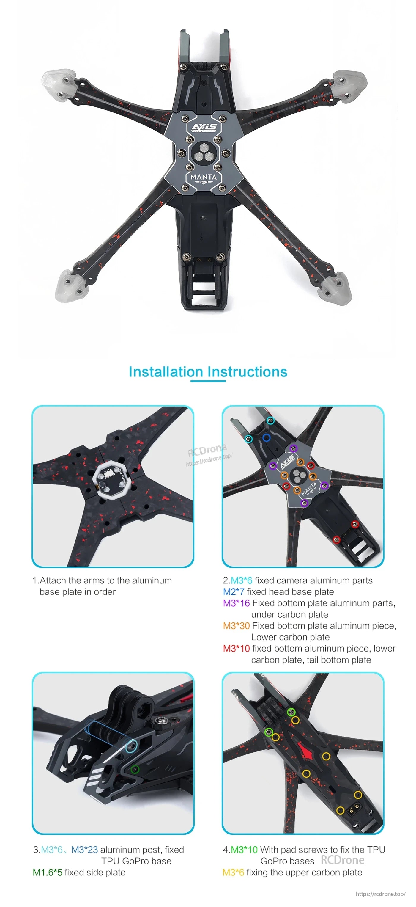 The Manta 5 Pro drone frame uses carbon fiber arms and aluminum parts, assembled by attaching arms, securing plates with screws, and mounting a GoPro with pad screws and bolts.