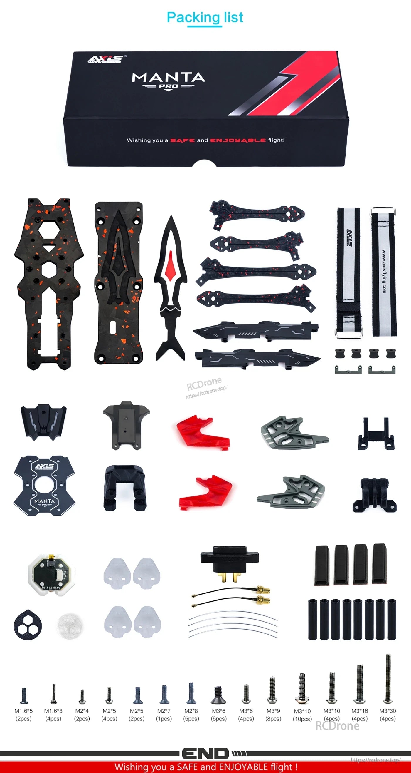 Manta 5 Pro Drone Frame, Manta Pro drone frame includes arms, plates, screws, and accessories. Parts organized by type and quantity. Brand: AXS. Enjoy a safe, pleasant flight.