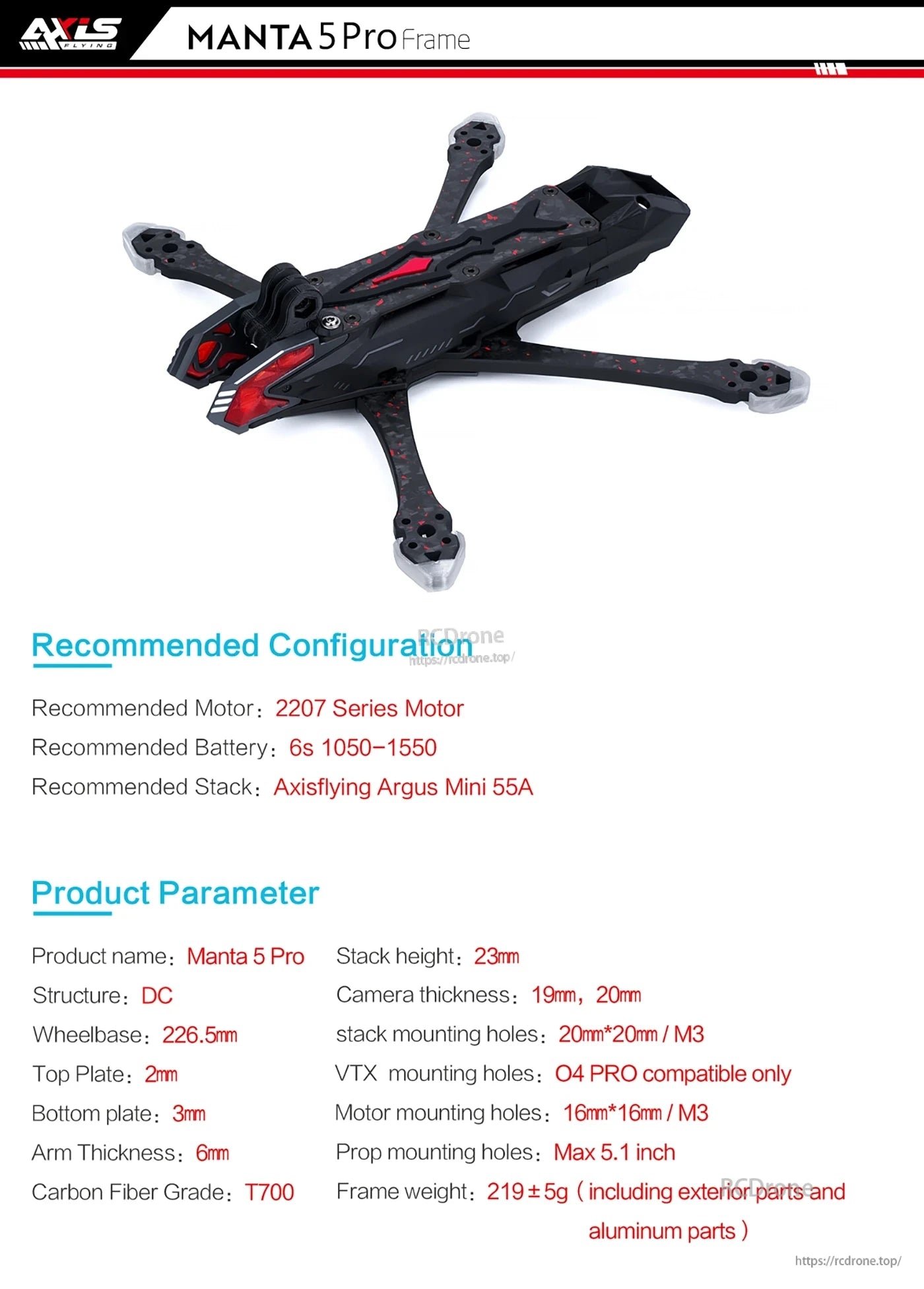 Manta 5 Pro Drone Frame, Manta 5 Pro Frame: 226.5mm wheelbase, T700 carbon fiber, 219±5g, supports 2207 motors, 6S battery, Axisflying Argus Mini 55A, O4 PRO VTX, 5.1" props.