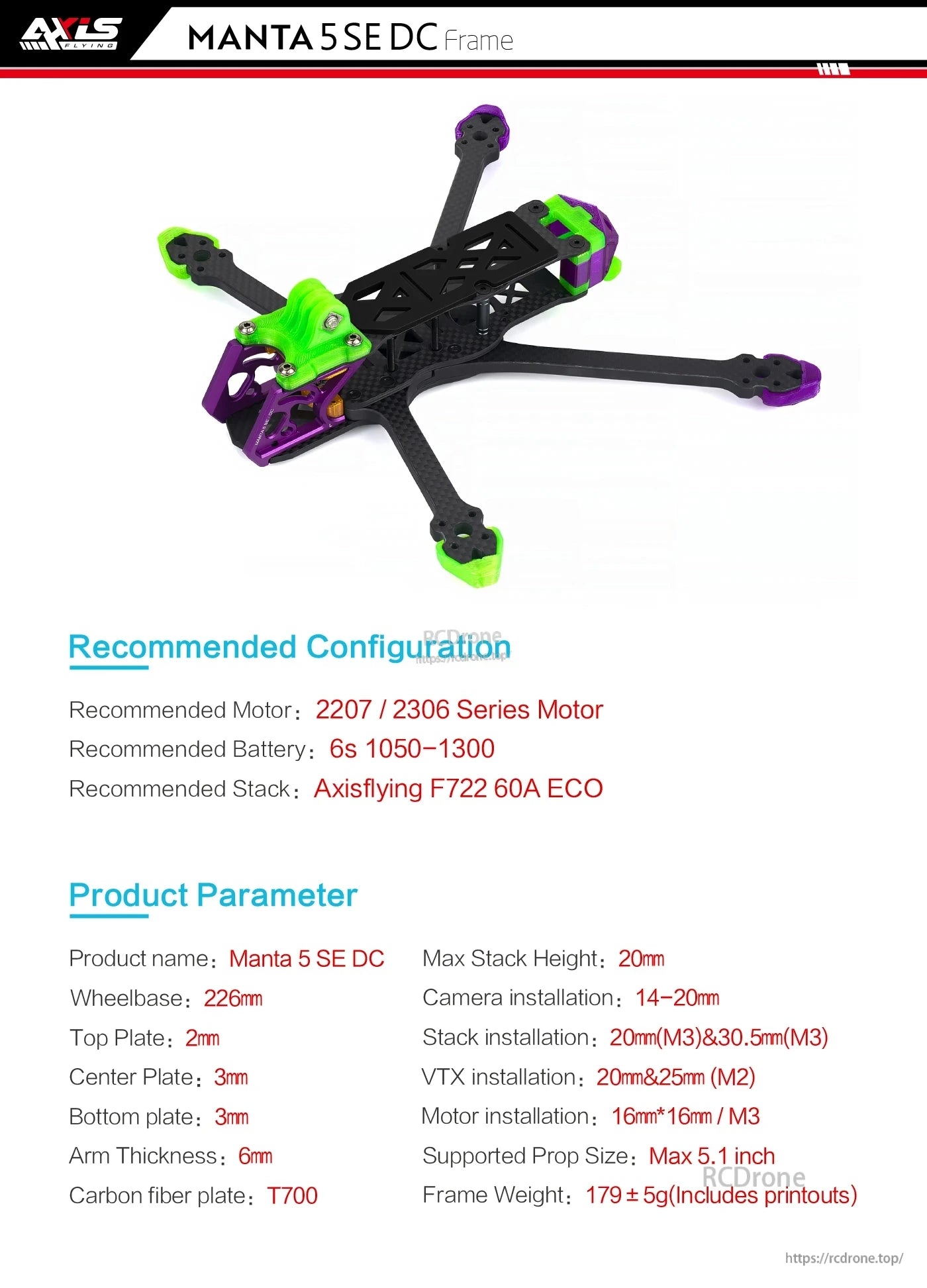 Manta 5 SE Drone Frame, Manta 5 SE DC Frame: 226mm wheelbase, T700 carbon fiber, 179g, supports 2207/2306 motors, 6S battery, F722 stack, 5.1" props, 20mm stack height, M3/M2 mounts.